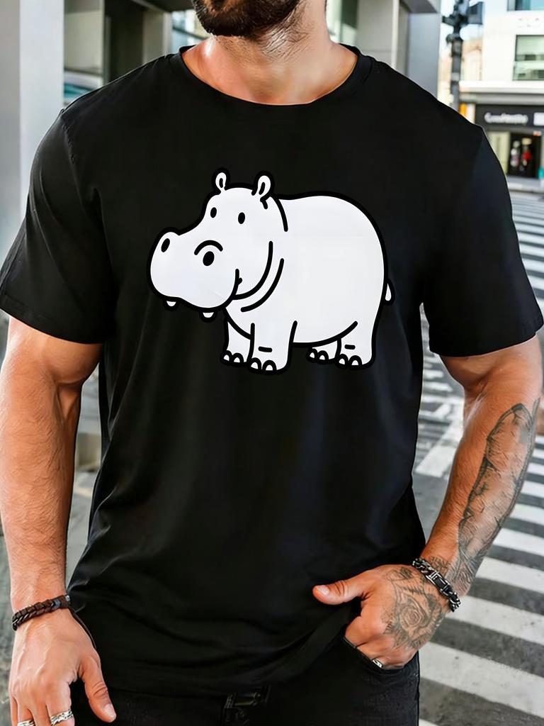 Simple Line Drawing Cute Hippo Graphic Unisexs Crew Neck Short Sleeve Cotton T Shirt Minimalist Wild Animal Print Male Casual Top