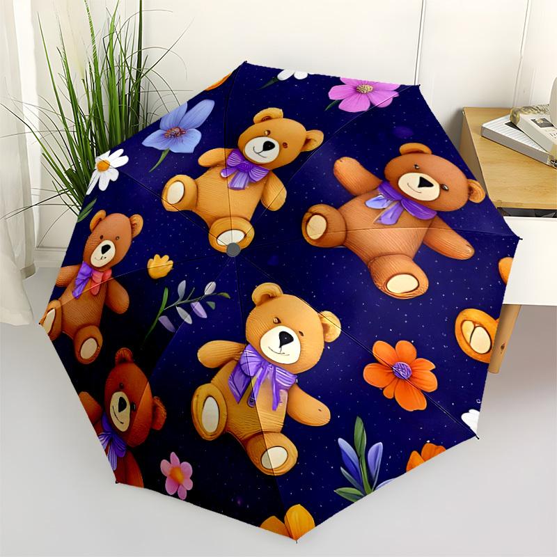 1pc Teddy Bear Floral Pattern Automatic Open/Close Umbrella, Compact Travel Umbrella, 8-Rib Sturdy Frame - Ideal Gift for Friends Yy251118037