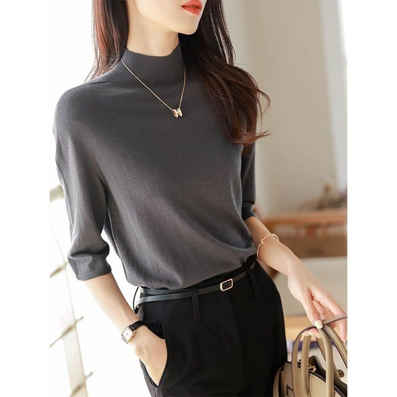Half Neck Sweater with Seven Sleeves Women's Top Knitted Sweater Loose T-shirt