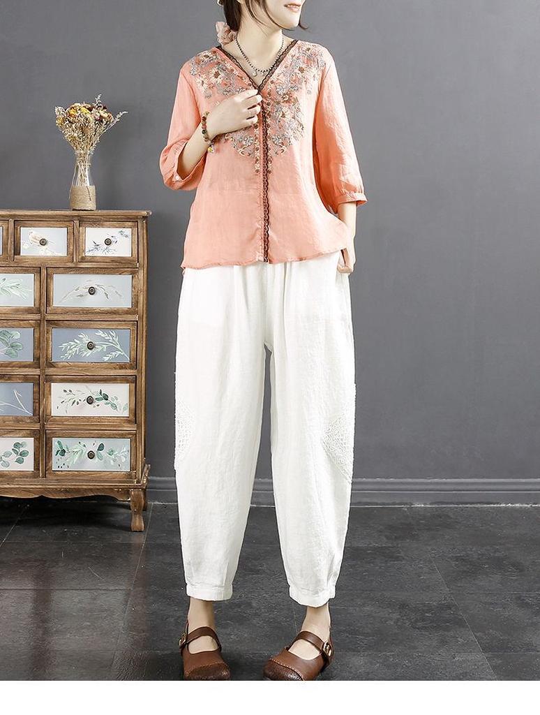 Women's Cotton & Linen Retro Harem Pants with Lace Trim - Large Size, Nine-Point Casual Style