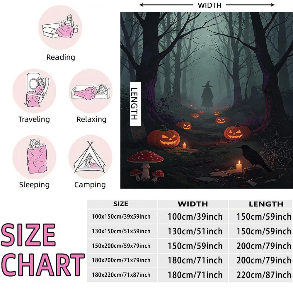 1pc Halloween Dark Forest Pumpkin Lantern Wizard 230g Flannel Blanket, Soft Cozy Throw Blanket For Sofa Lounge And Daily Nap