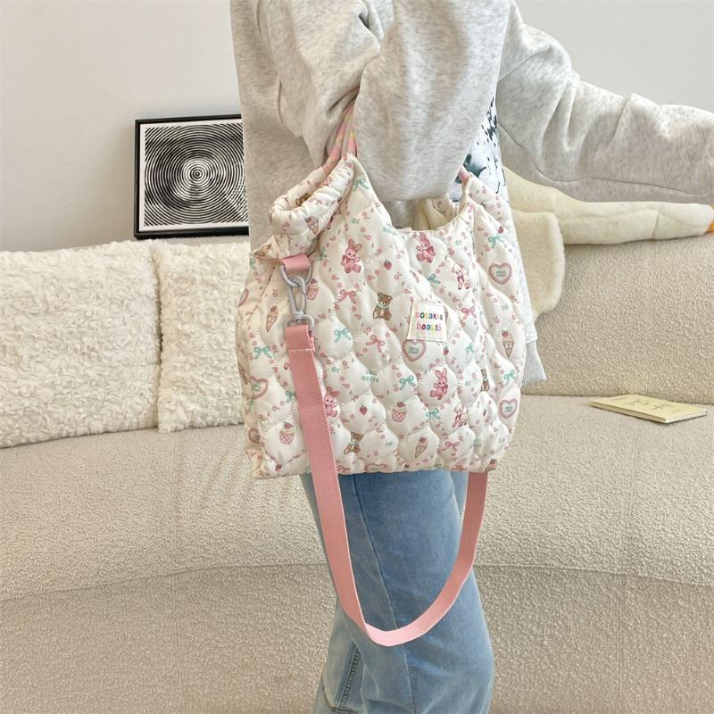 11 Autumn and Winter Quilted Quilted Cotton Cartoon Pattern Hand Bag Women's Hand Shoulder Crossbody Canvas Bag