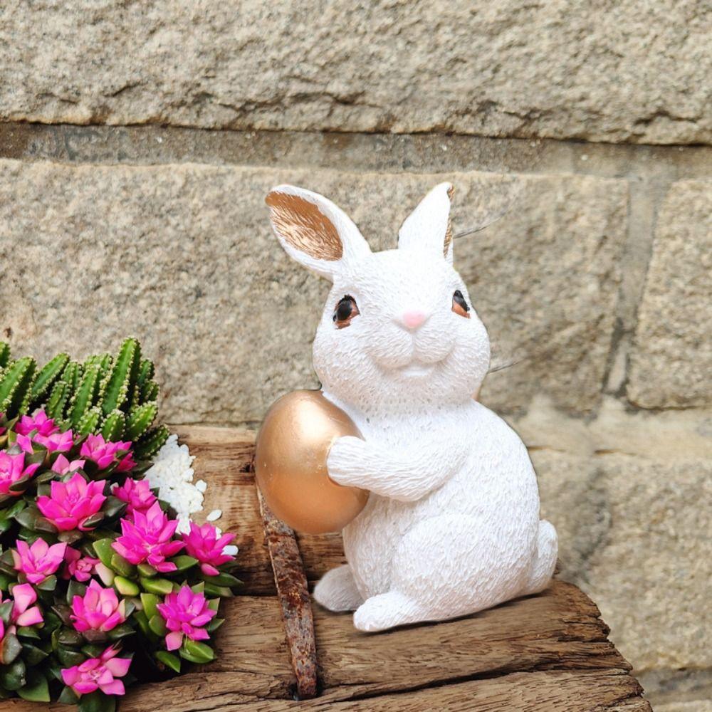 2PCS Cute Easter Rabbit Egg Statue Resin Crafts Bunny Ornaments Home Decoration