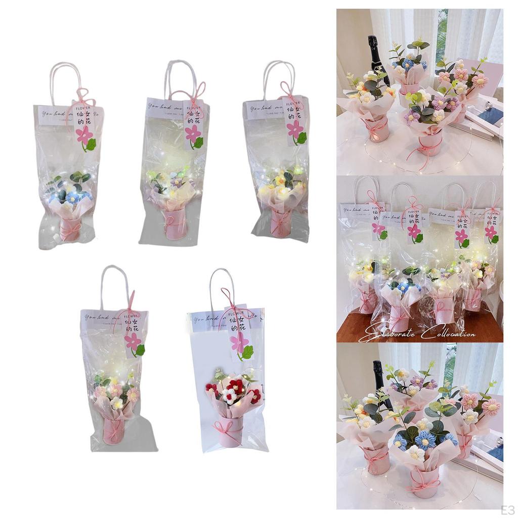 Artificial Flowers Crochet Flower Bouquet with Lights Decor Knitting for Girlfriend Shelf