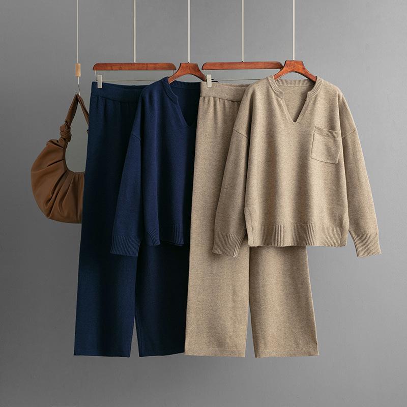 Fashion Set Women's Autumn Winter V-neck Loose Solid Color Split Head Knitted Sweater Two Piece Set