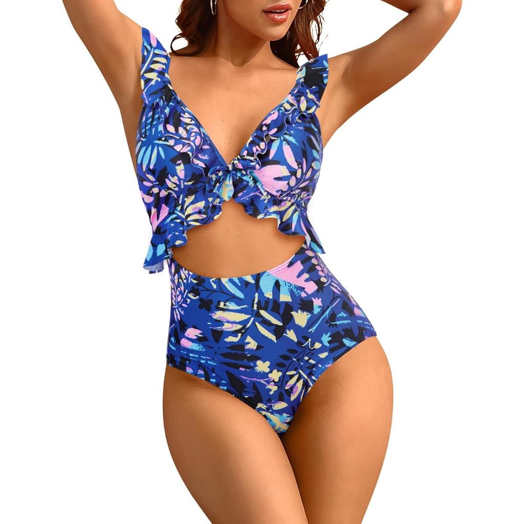 CHARMLEAKS Damen Einteiler Badeanzug mit Rüschen und Cut-Outs, Riemchen-Monokini, Bademode, Badeanzüge