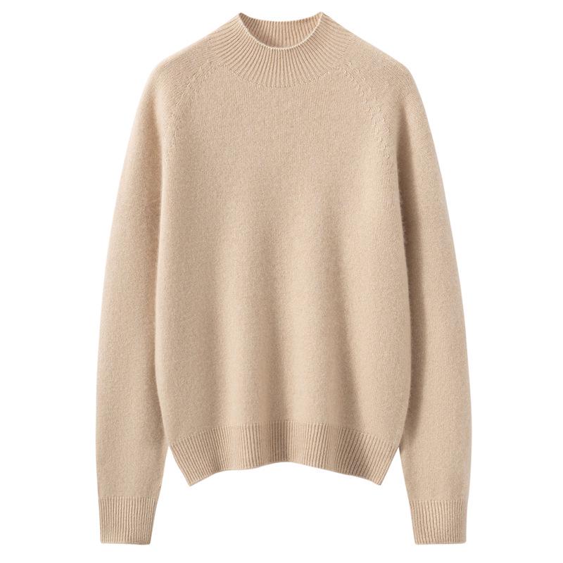 Women's High Neck Solid Color Cashmere Loose Pullover - Long Sleeve Casual Autumn/Winter Knit Sweater