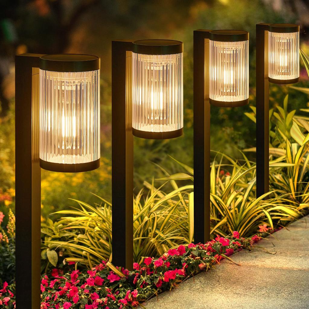 Letmy Solar Garden Lights, Set of 4, Solar Outdoor Lights, IP65 Waterproof, Recessed, Warm White LED Pathway Lights, High Brightness, Automatic