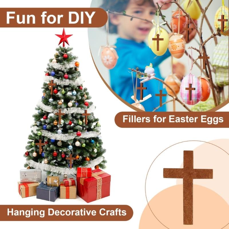 70Pcs Wooden Crossed Shape Pendant Bag Ornament with Beaded Chain for Christmas Tree Decoration Festival Celebration