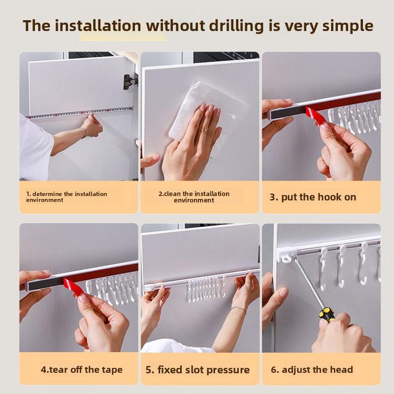 No-hole Sliding Sticky Hooks Behind Kitchen Cabinet Doors with Rows of Storage Track Hooks