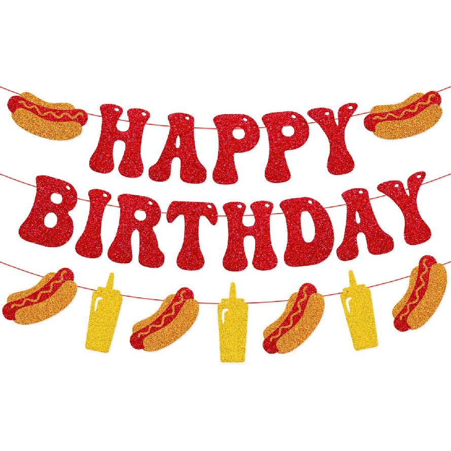 Hotdog Happy Birthday Banner Hotdog Bar Birthday Party Decorations for Children Kids BBQ and Picnic Sage Bday Party Supplis