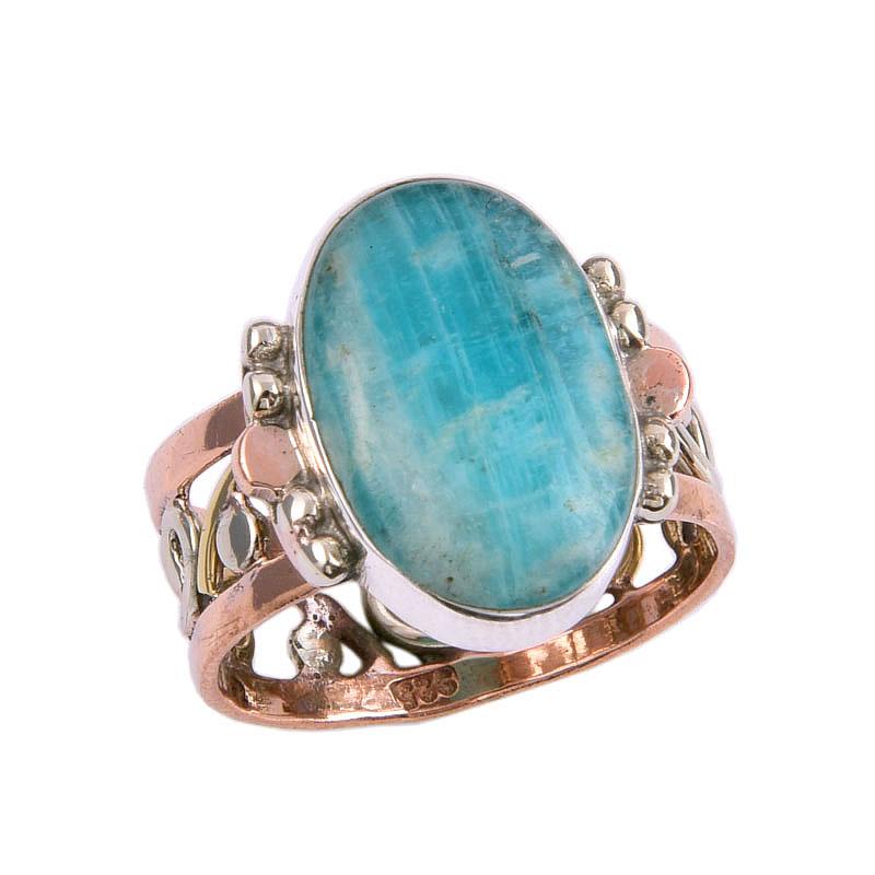 Natural Amazonite Gemstone Two Tone 925 Sterling Silver Jewelry Ring Size 9 L4L66