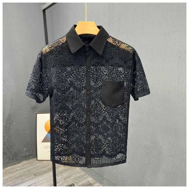 

Men s White Lace Short Sleeve Shirt Hollow Out Casual Button Up Top S чёрный