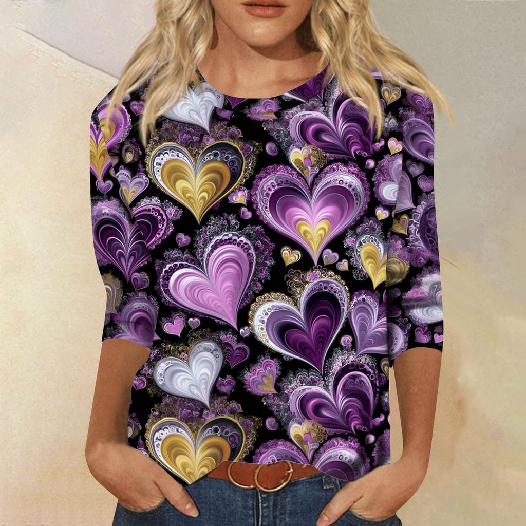 Women's Tops Three-quarter Sleeve Shirt V-neck Loose Casual Shirt Print T-shirt