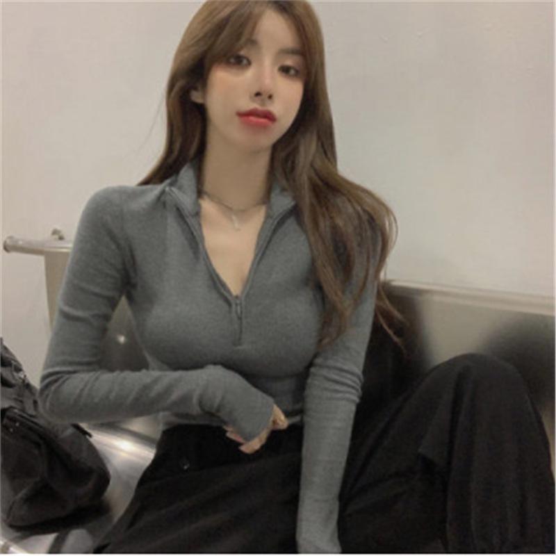 

Trendy Women s Slim Fit Half-Zip Long Sleeve Korean Crop Top for Autumn/Winter Small