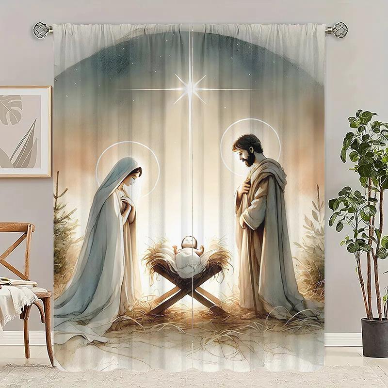 Jesus - Nativity -2pcs- Printed Curtains,100% Polyester Material, Suitable for Home Decoration