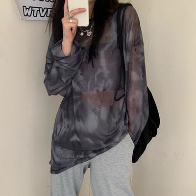 Volné síťované tričko s dlouhým rukávem pro ženy, korejský styl, jarní vintage top, batikované, tenké spodní tričko, oblečení Harajuku