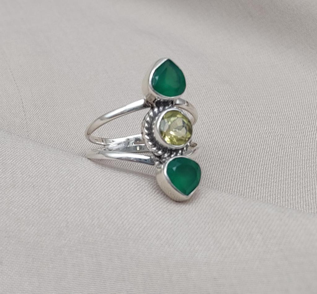 Green Onyx & Lemon Quartz Sterling Silver Ring: Boho Statement Jewelry
