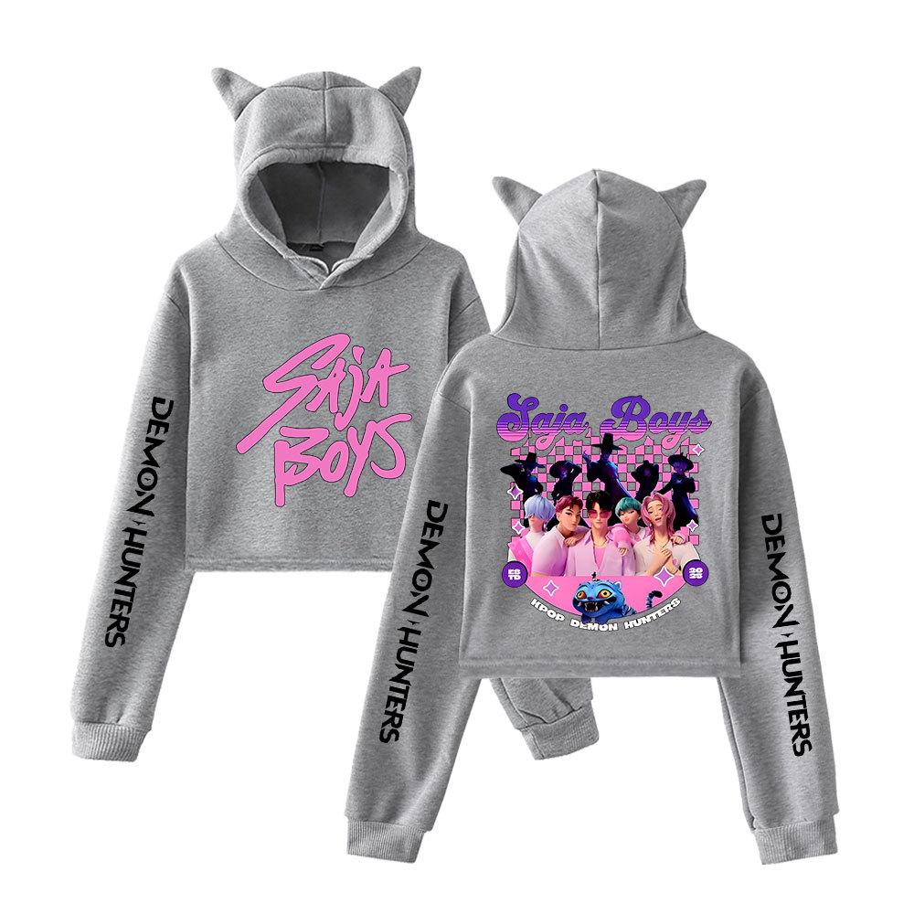 

Женская мода K-pop Охотники на демонов Мультяшный пуловер Повседневные укороченные худи для девочек Кофты с длинным рукавом Женский кроп-топ Толстовка Женские сексуальные топы XS серый