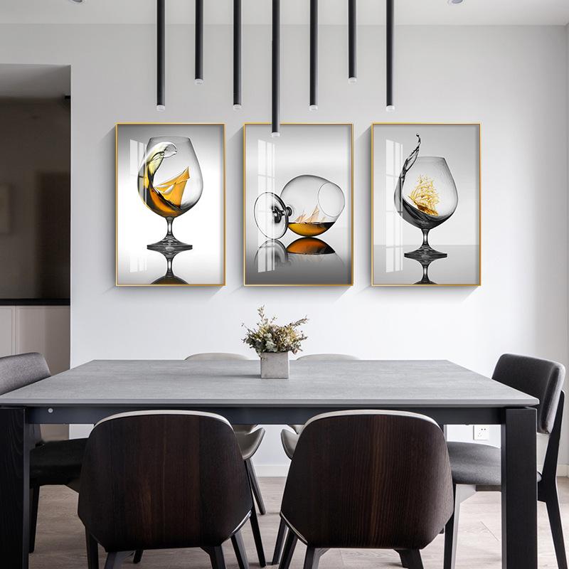 New Chinese Style Wine Glass Canvas Painting Light Luxury Feathers Posters and Prints for Kitchen Dinning Wall Decoration Quadro