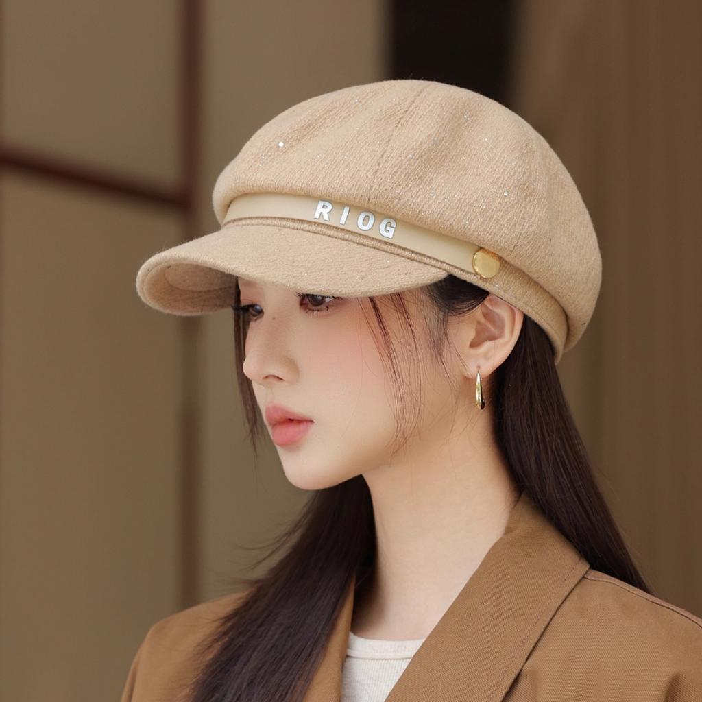 Vintage British Style Belt Buckle Octagonal Hat Women's Autumn New Painter Hat Beret