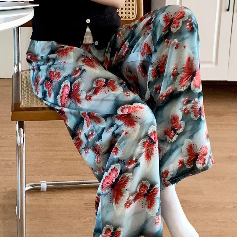 Summer Women's Cotton Rayon Loose Fit Soft Homewear Ankle-Length Wide Leg Floral Printed Lounge Pants