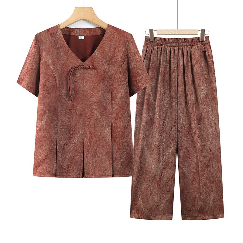 

Elegant Summer Plus Size Loose Set: Wide-Legged Pants & Chinese Style Shirt for Middle-Aged and Elderly Women XL (suggested for 85-100 jin) жовтий
