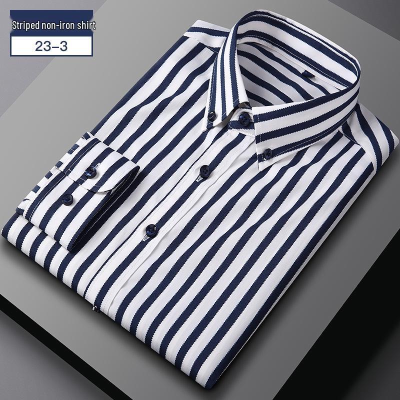 Men's Business Casual Striped Long Sleeve Shirt with Button-Down Collar
