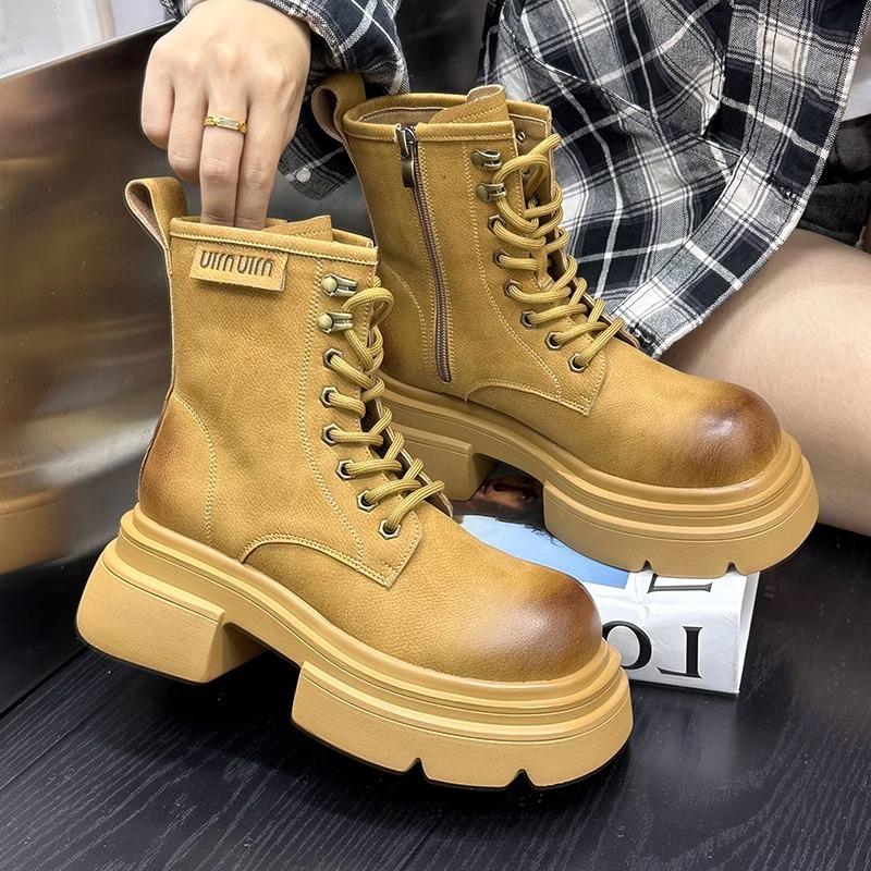 Thick-soled Thick-heeled Heightened Martin Boots Women's 2024 Autumn New Lace-up Retro Versatile Short Boots Flip-top Rhubarb Boots