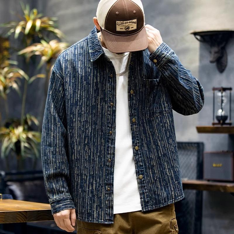 Men's Blue Striped Denim Long Sleeve Shirt Casual Pocket Detail Oversized Streetwear Top