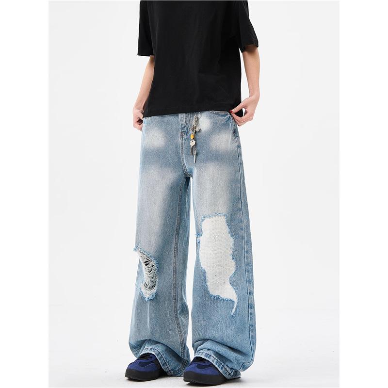 American high street design blue ripped jeans men's and women's wide legs loose straight trendy brand washed couple pants
