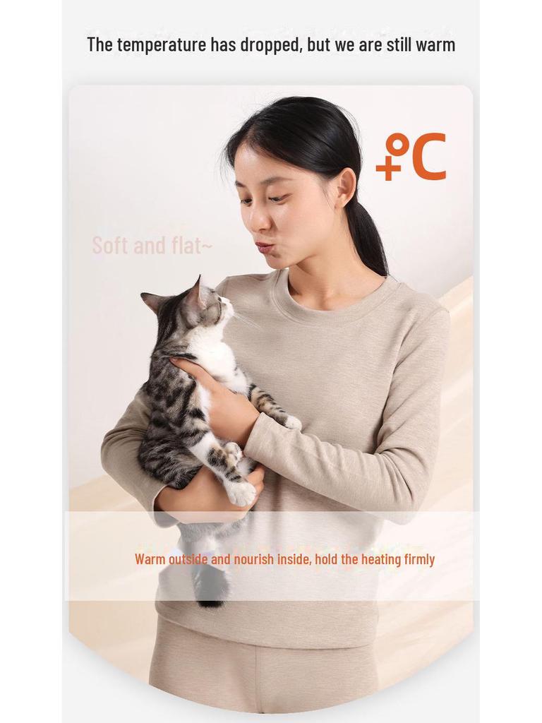 Women's Thermal Cashmere Underwear Set: Meiyabi Silk-Infused Velvet, Round Neck, Class A, Close-Fitting Autumn Top & Trousers.