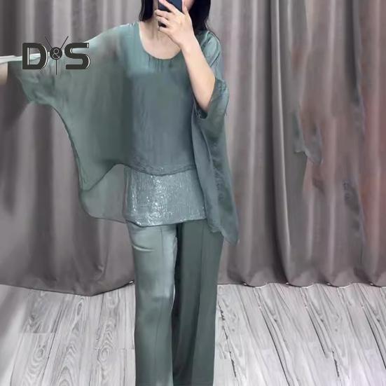 Abito casual da donna con giunture Top Pantaloni a gamba larga Abito ampio per casa Festa Ufficio Girocollo Manica a pipistrello Abito da pendolarismo