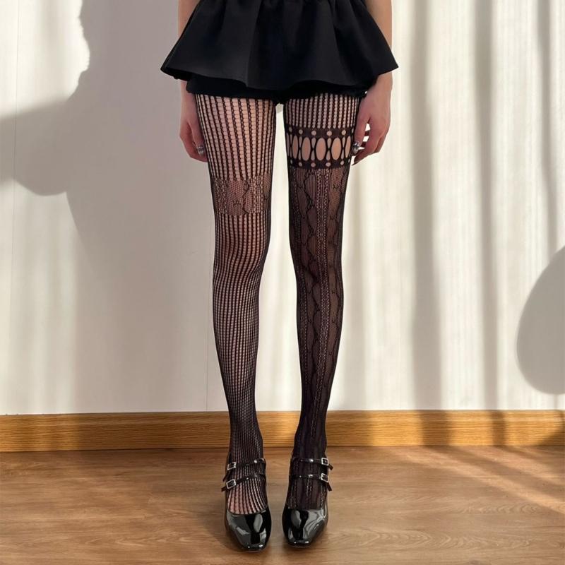Women Aesthetic Sexy Hollowed Out Fishnet Pantyhose Asymmetrical Lace Patchwork Patterned See Through Tights Stockings