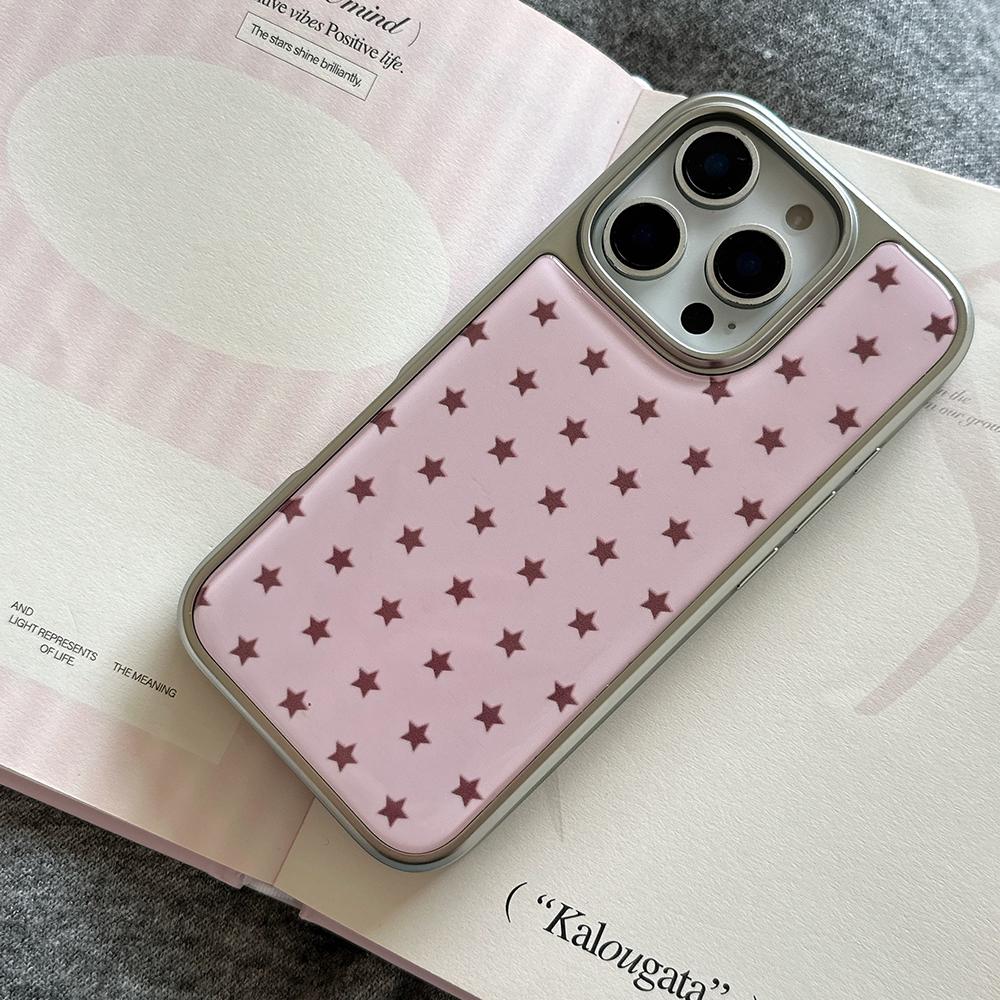 Cute Electroplated Frame Stars Pattern Pink Phone Case for IPhone 16 15 14 17 Pro Max 13 Shockproof Protective Soft Back Cover