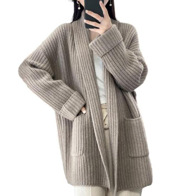 Warmer Weicher Damen Übergrößen Cardigan Pullover Winter Herbst Gestrickt Langarm Locker Dick Offener Stich Elastisches Revers Taschen