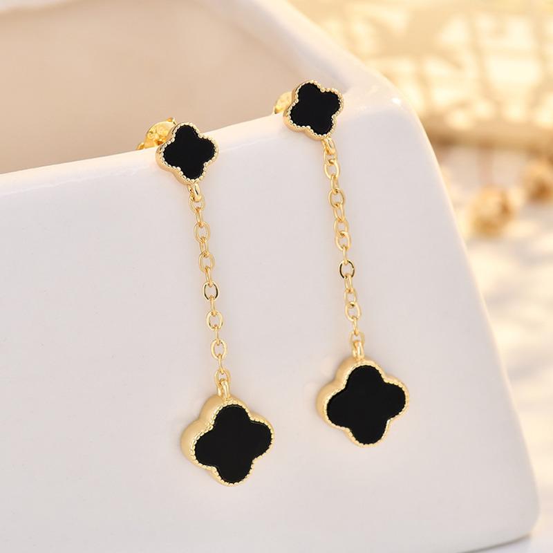 BELLA BOX S925 Sterling Silver Needle Double-sided Black Agate Four-leaf Clover Earrings, Women's Light Luxury And High-end Gold Earrings