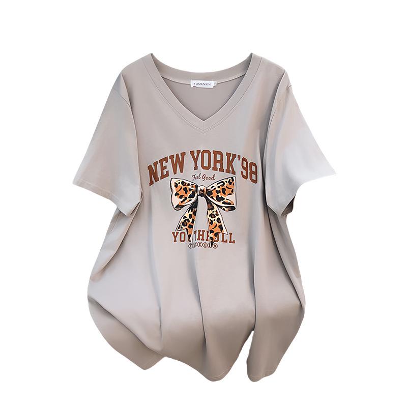 Plus Size V-Neck Slimming Short-Sleeve Mid-Length Women's T-Shirt (200/300/350 Jin)