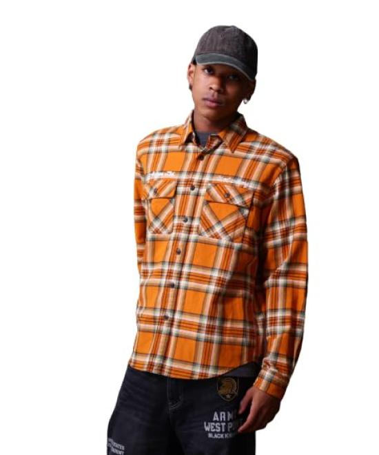 Avirex COLLECTION COTTON CHECK EMBROIDERY Check Embroidery Size Orange SHIRT/Cotton Shirt, Men s, M, 150,