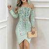 Women Plus Size Asymmetric Cold Shoulder Mint Green Hanging Vine Floral Print Wrap Bodycon Midi Dress