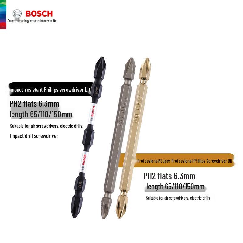 Bosch PH2 Magnetic Double-ended Phillips Screwdriver Bit with Extended Length for Electric and Air Screwdrivers.