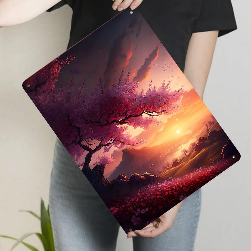 

Romantic Cherry Blossom Tree Sunset Landscape Metal Iron Painting Living Room Wall Art Decor 20x30cm（7.8x11.8inch）