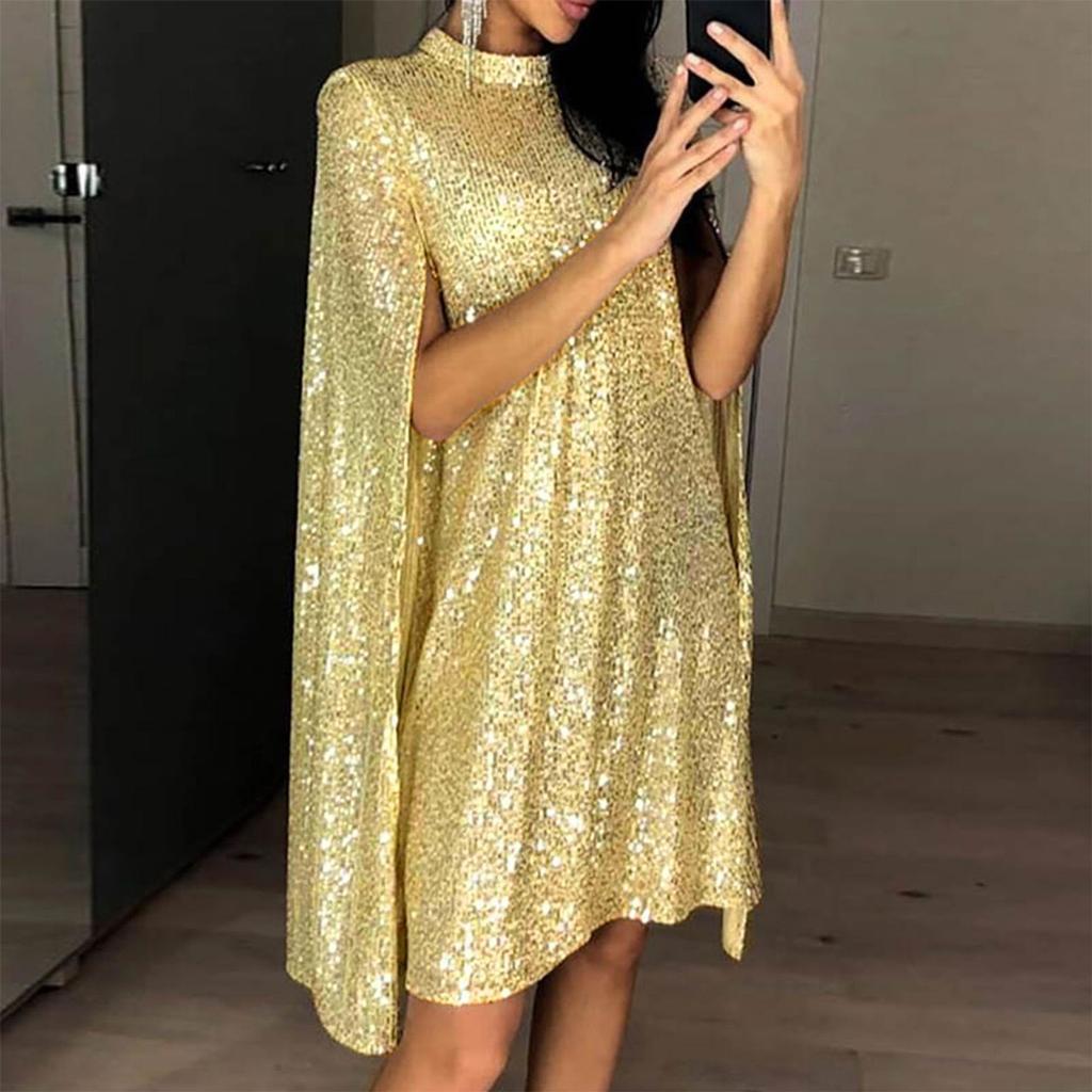 Women's Fashion Sexy Solid Stand Collar Sequin Loose Cloak Sleeve Dress
