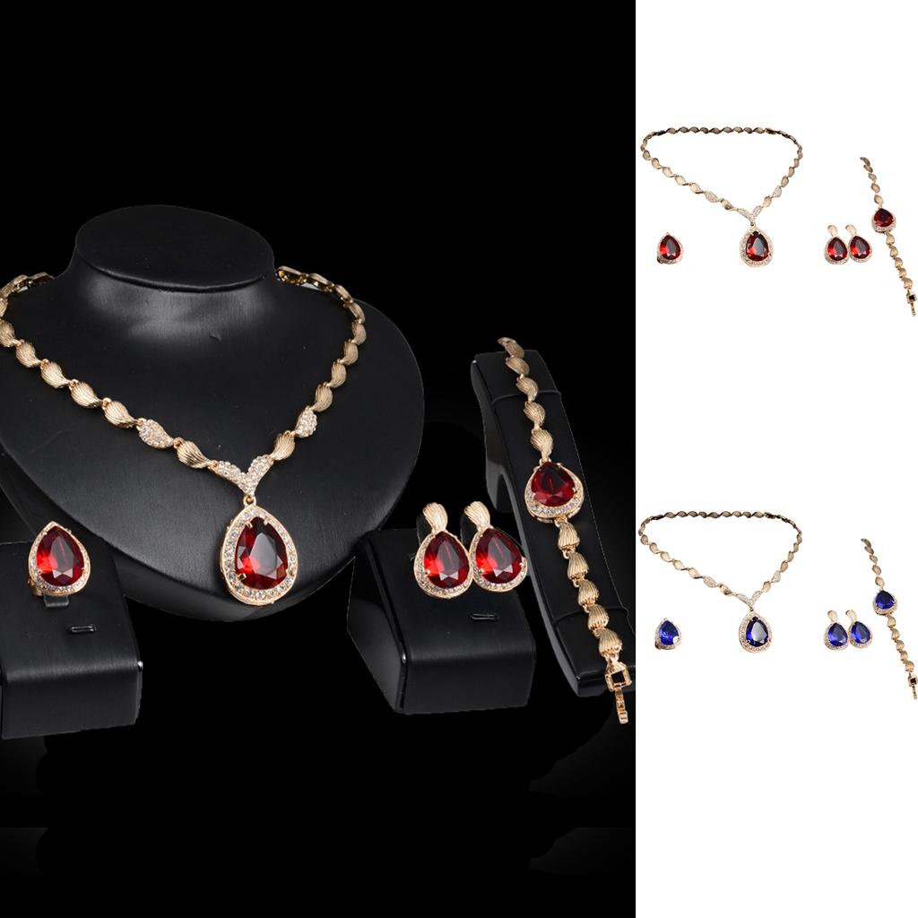 Four Piece Jewelry Set Necklace Earrings Ring Bracelet with Teardrop Gemstone Pendant and Matching Accessories for Women