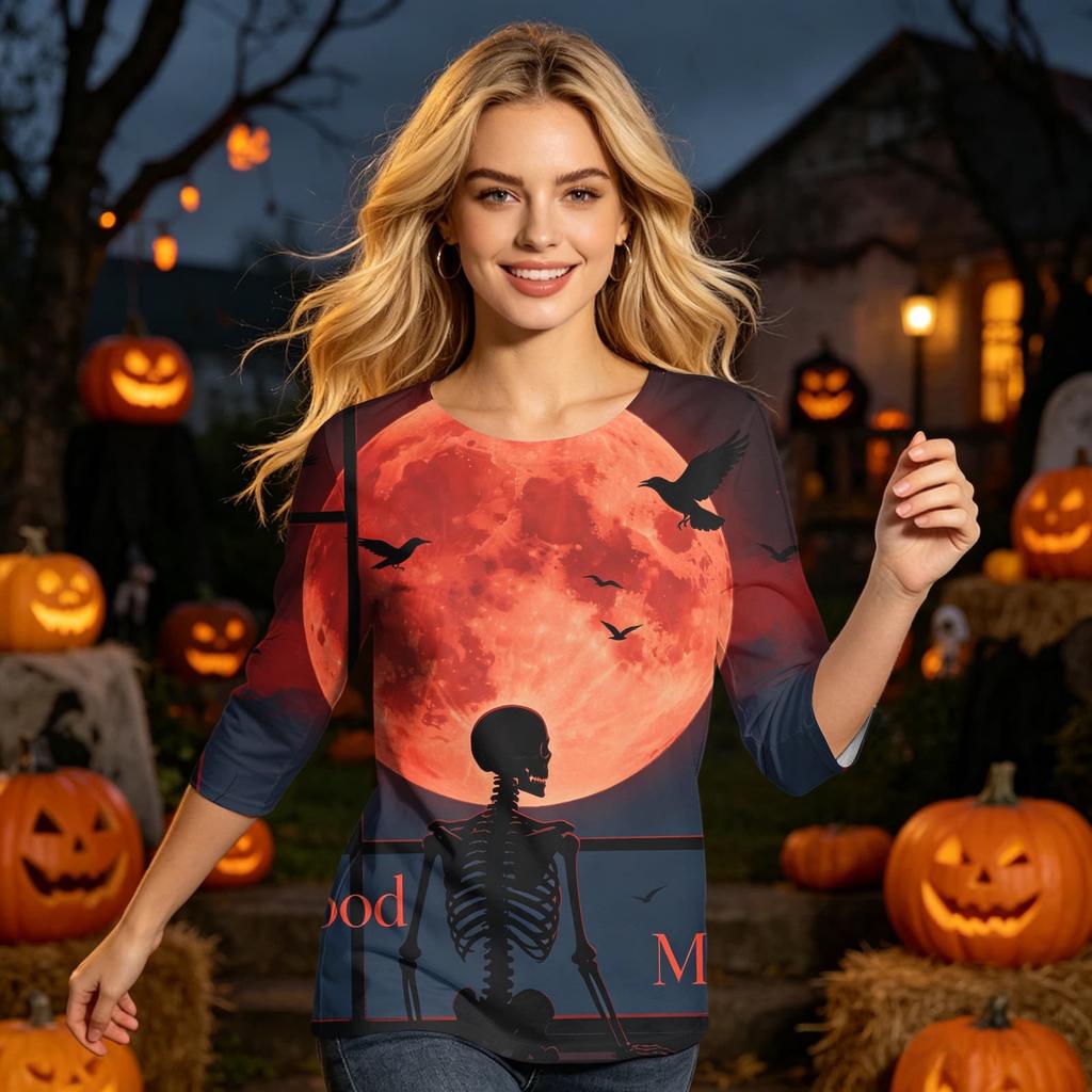 Women's Casual Halloween Graphic Top Three Quarter Sleeve Round Neck Shirt Lightweight Soft Fabric Comfortable Fit