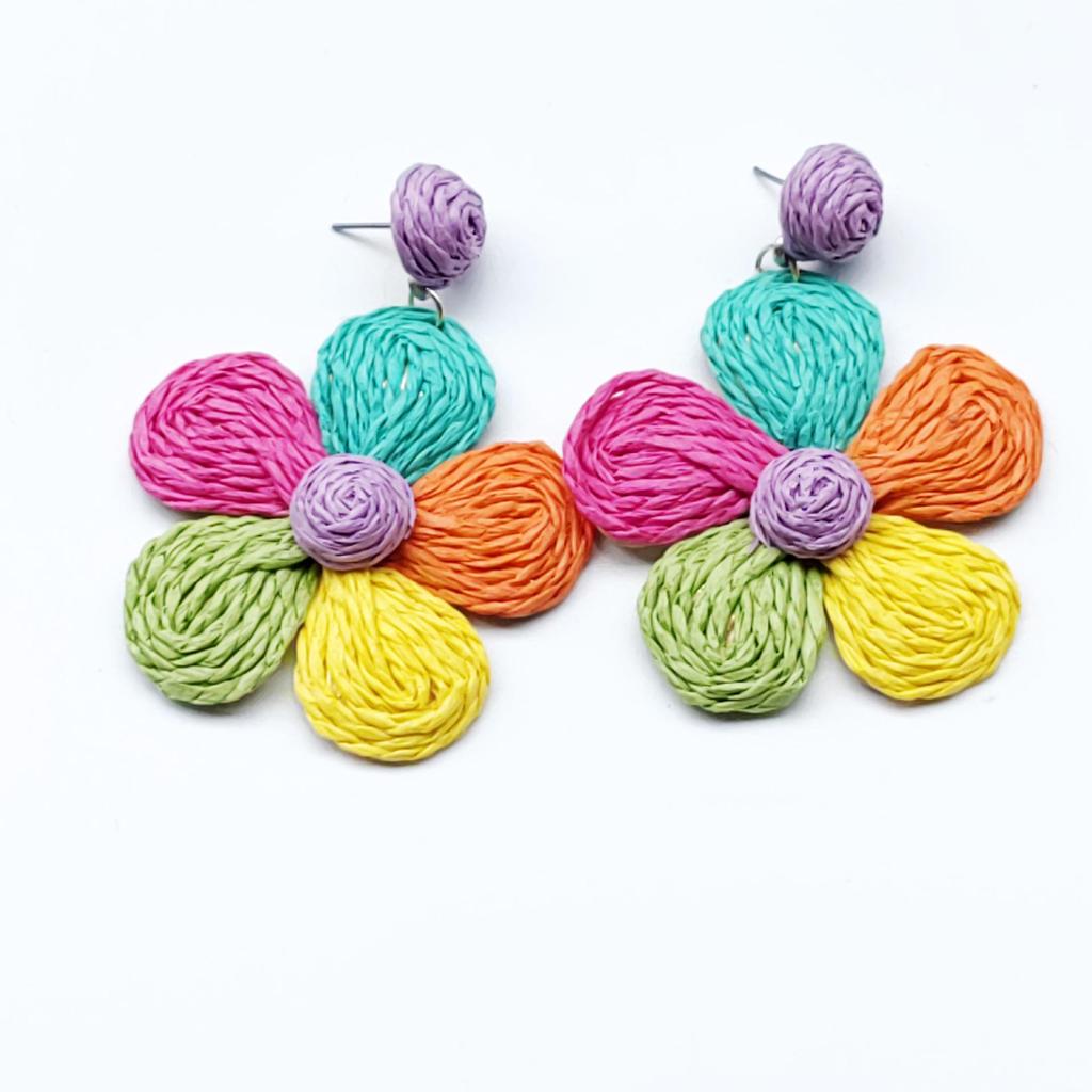 Hand-Woven Raffia Flower Earrings: Colorful, Sweet, Exaggerated Drops