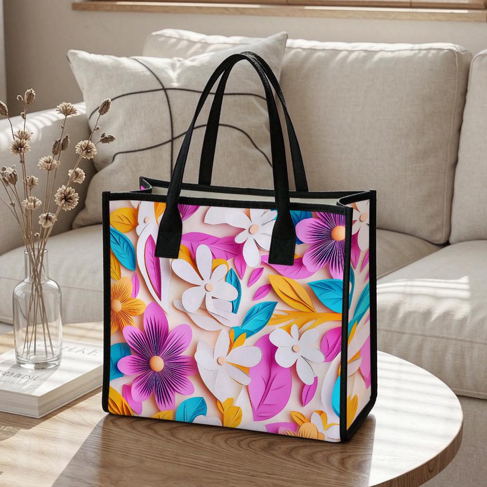  Floral Print Tote Bag Fashion Canvas Shoulder Handbag for Daily Use