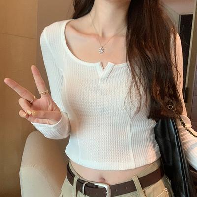 Solid Color Low-neck Long-sleeved French Fishbone Top for Women In Autumn New High-waist Slimming Inner Layering Shirt