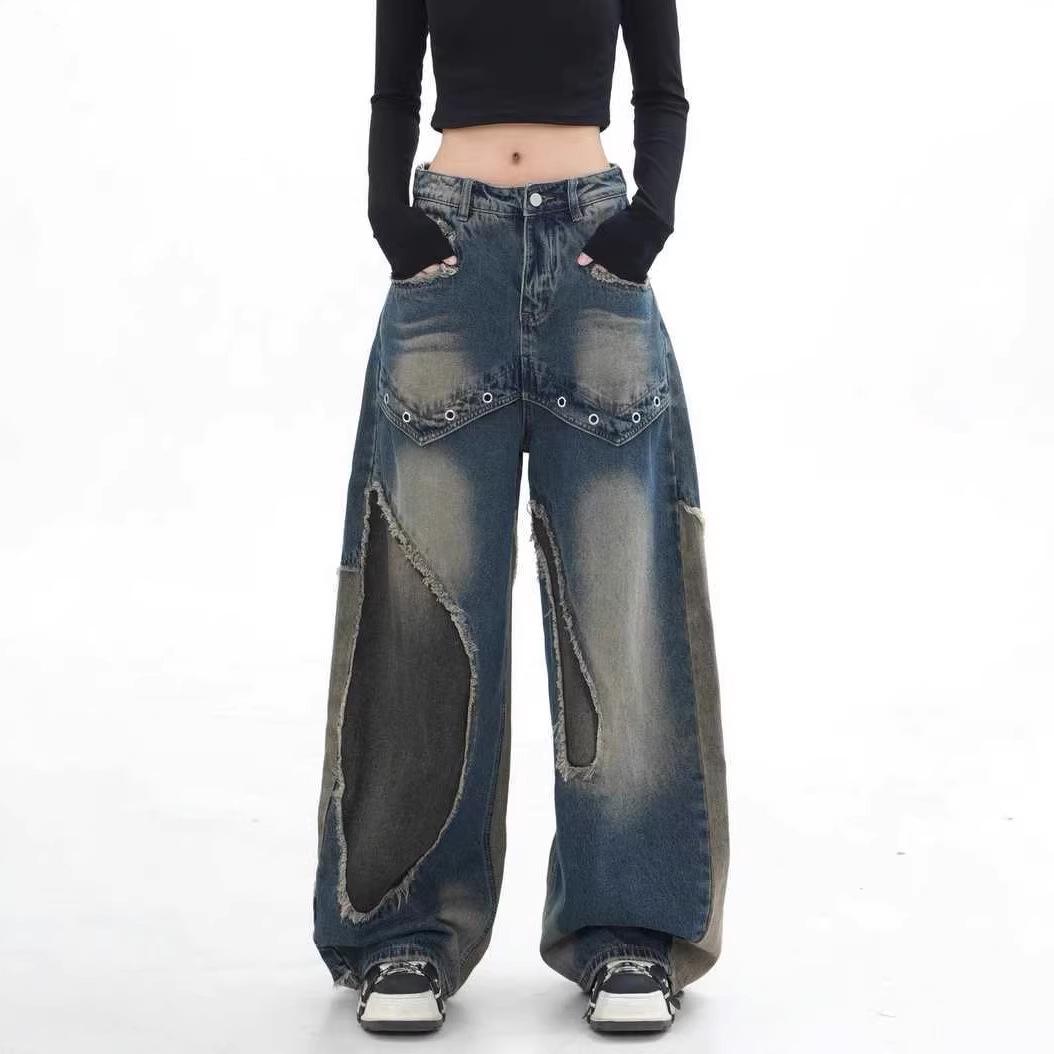 Women s Retro American Street Style Wide-Leg Jeans Extra Large синий