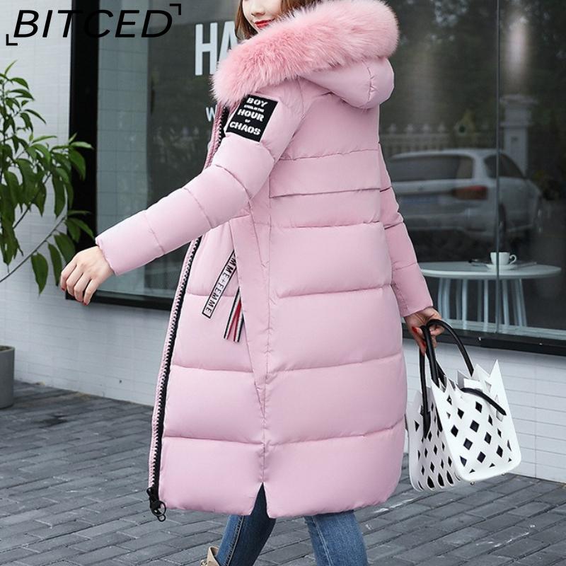 BITCED Autumn/Winter Women's Long-Length Cotton Coat with Hood and Large Fur Collar Down-Filled Cotton-Blend Padded Jacket